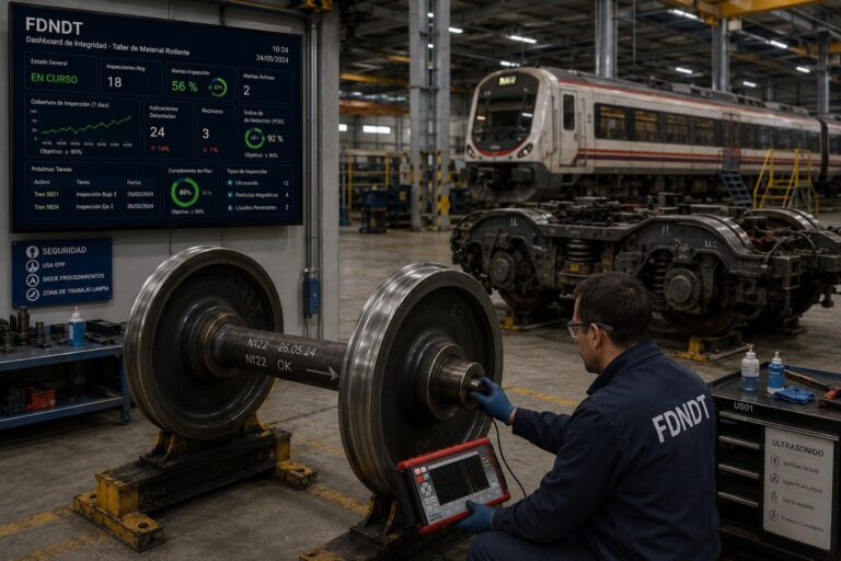 Técnico de FDndt junto a un tren en el taller